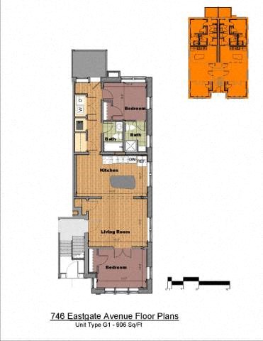 Floor plan for 2 beds, 2 baths, 906 sqft